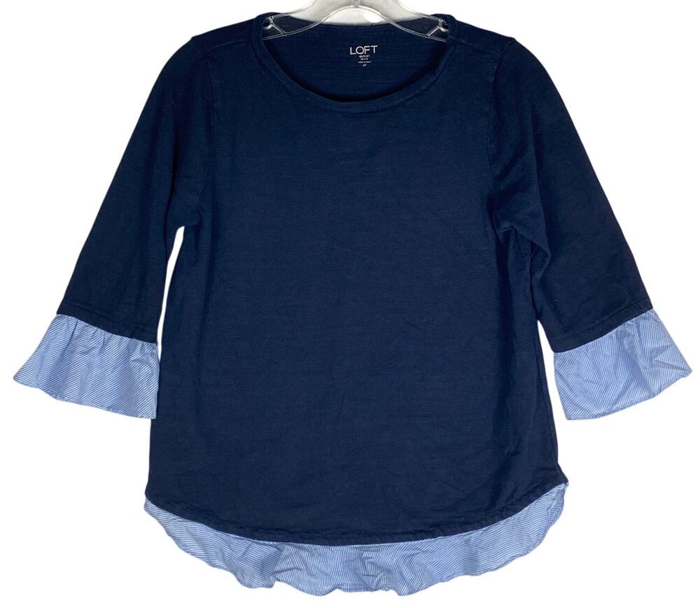 LOFT Petites Layered Look Top Women S Navy Blue Striped Preppy Nautical Coastal